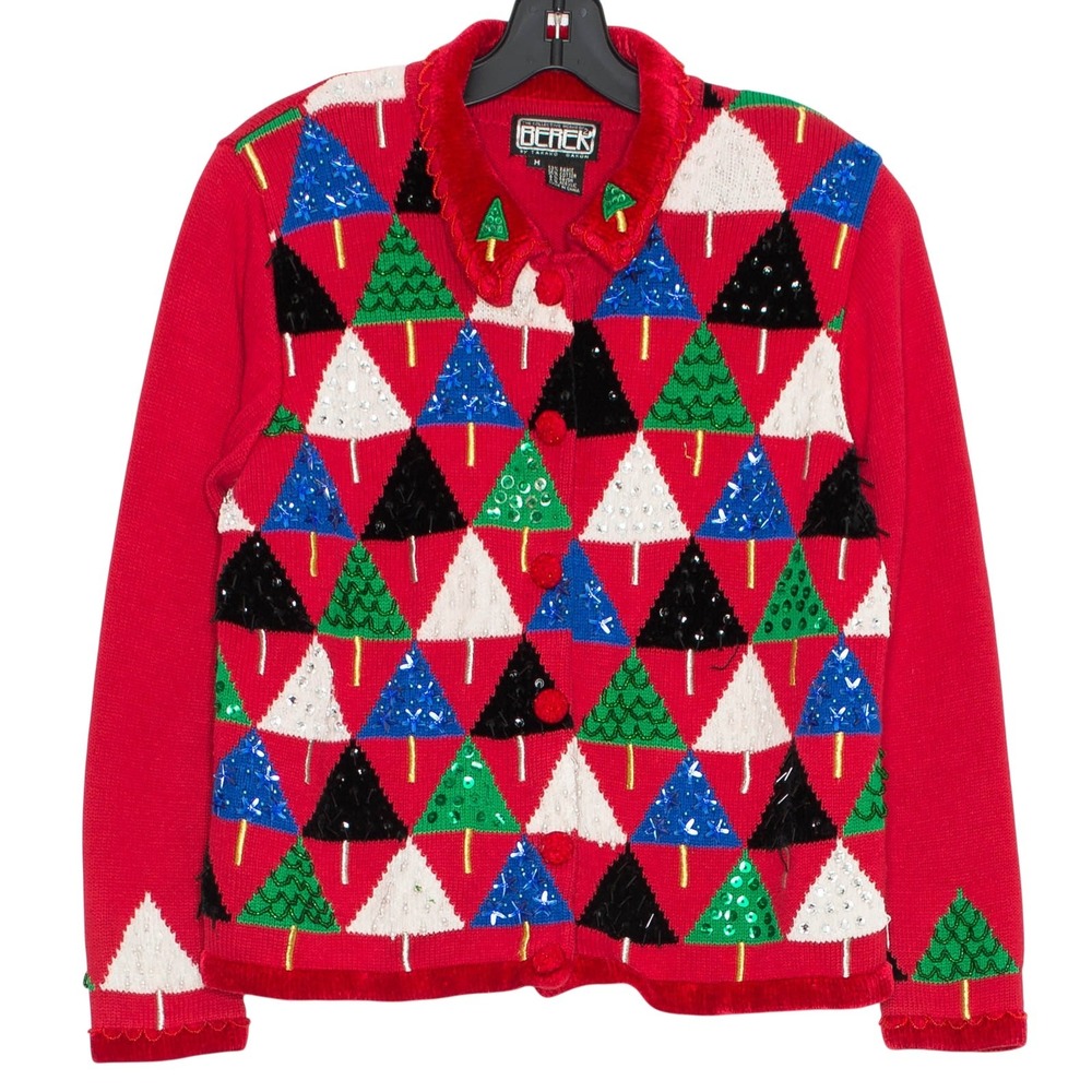 Vintage Berek Cardigan Ugly Christmas Sweater Embellished Novelty Holiday Red M